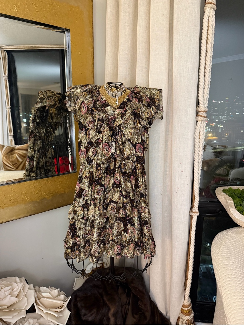 Floral Ruffle Tiered Mini Dress in Cream, Dark Brown & Pink